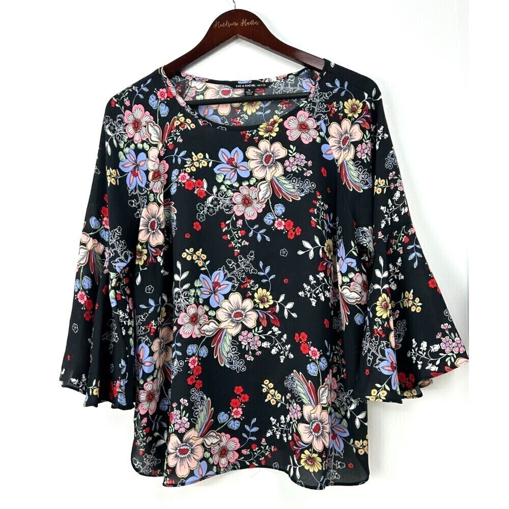 Zac & Rachel Womens Black Floral Round Neck Bell Sleeve Sheer Blouse PL 1140U4 - Picture 2 of 12